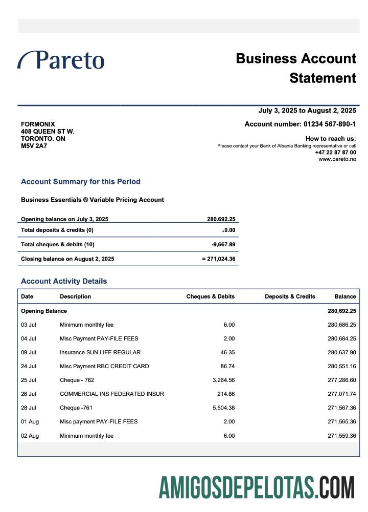 Baixável Noruega Pareto Business Checking modelo de extrato de conta Word e PDF